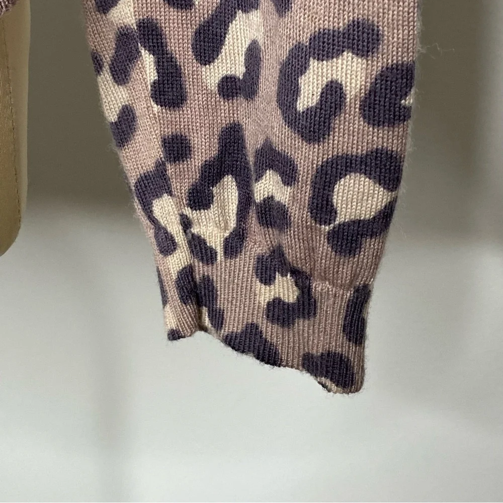 Boden Leopard Wool Button Front Crew Neck Cardigan Sweater